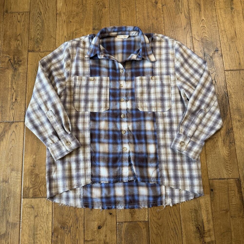 Promesa Plaid Button Up Shirt Womens S Blue Tan Mixed Print Oversized Boho NWOT